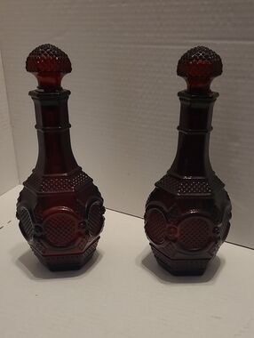 Vintage Avon 2 Ruby Red Glass Cape Cod Wine Decanter Bubble Bath Bottle
